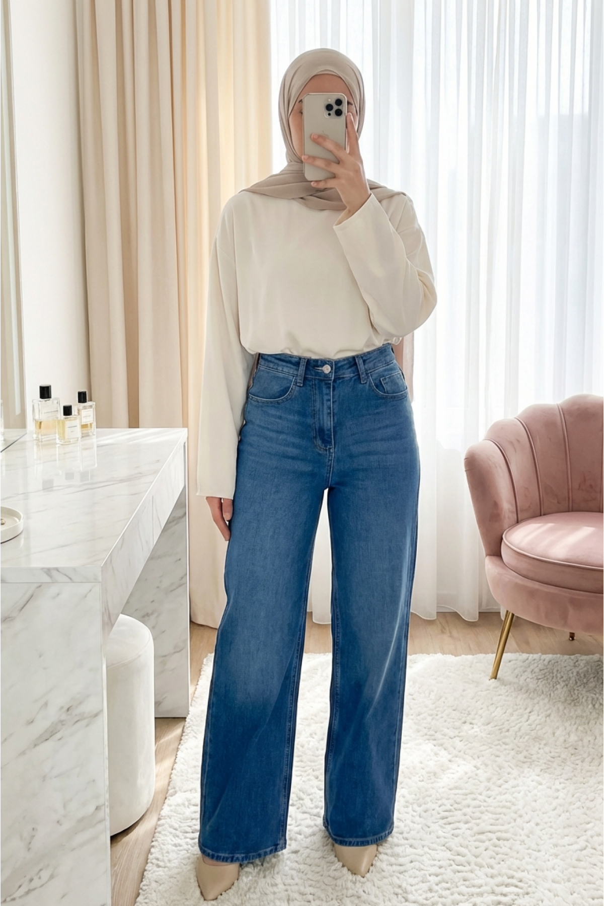 Palazzo Jeans with Pockets and Zipper -Light blue