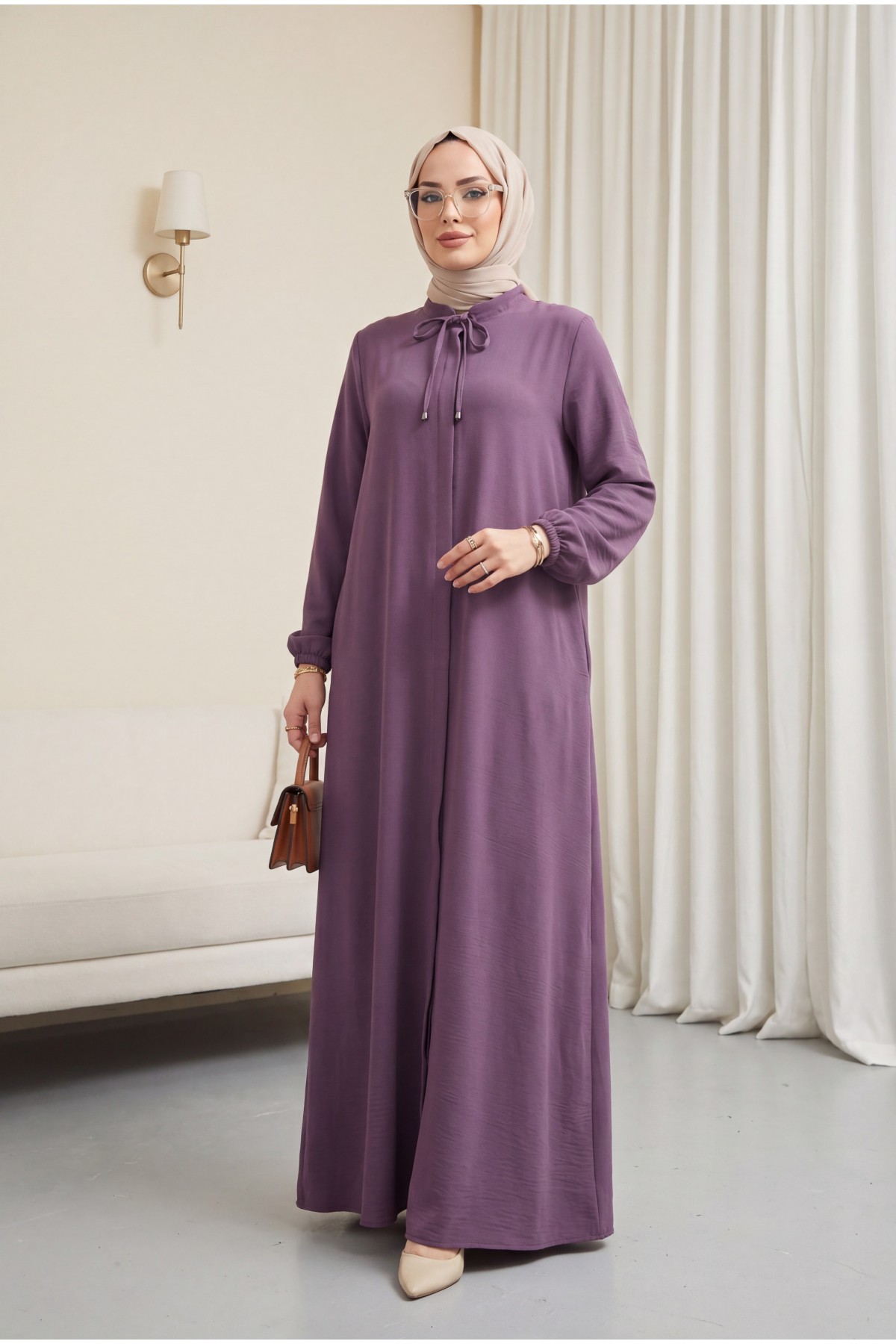 Plus Size Abaya with Lace-Up Collar, Rose Pink HM2868
