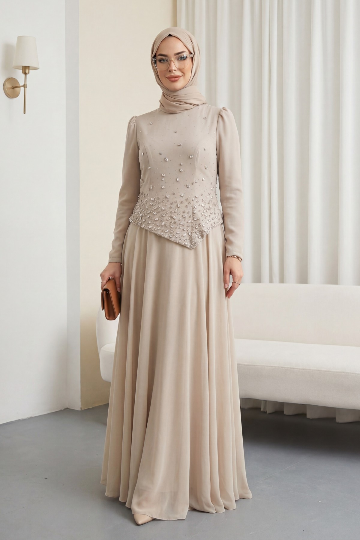 Asymmetrical Top, Chiffon Evening Dress with Scattered Stones -Stone