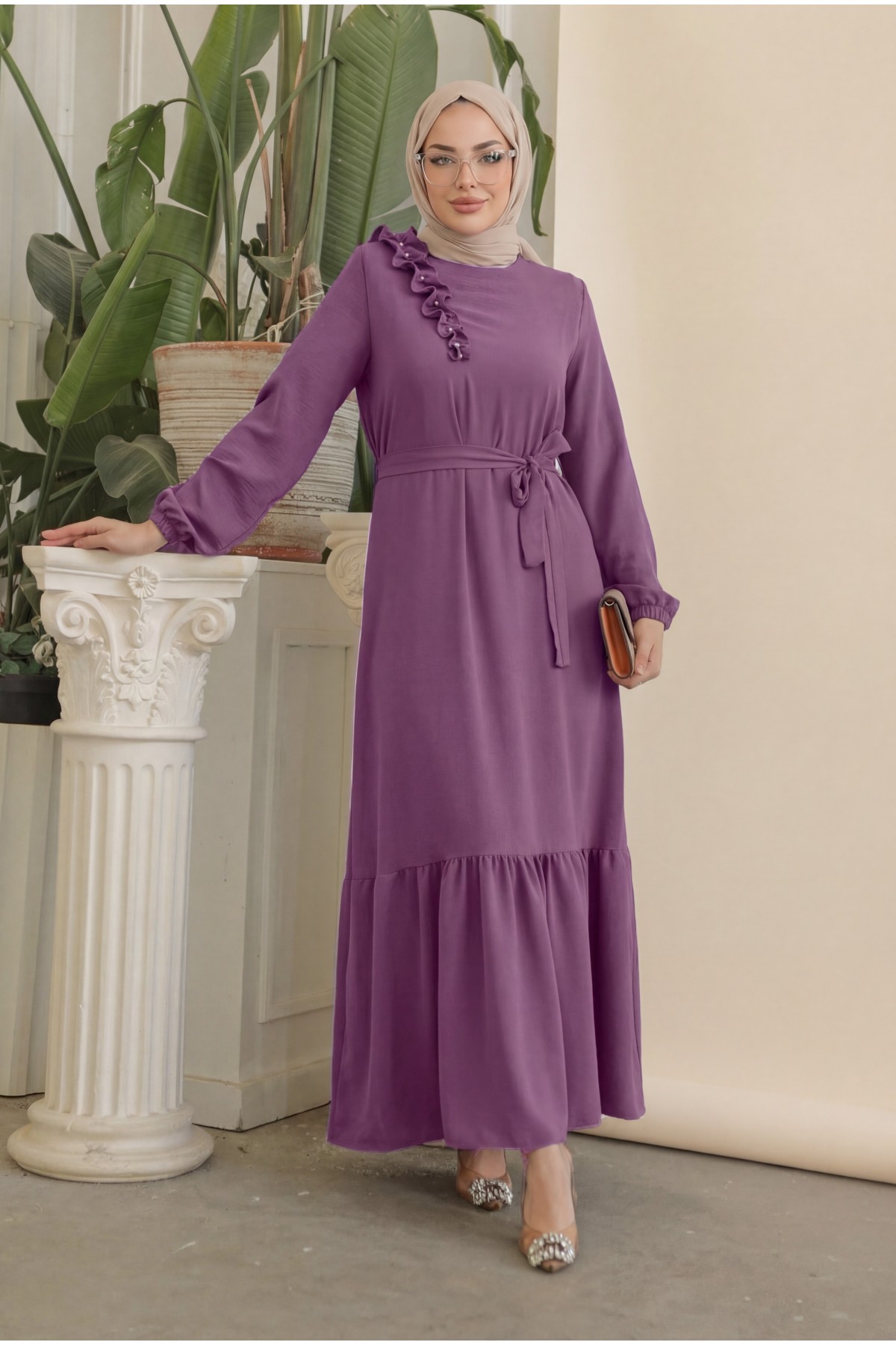 Ruffle Stone Detailed Piece Skirt Belted Ayrobin Dress  -Cherry Color