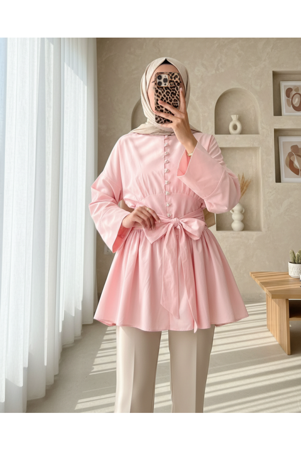 Tied Waist Tunic with Stone Buttons Throughout -Pink