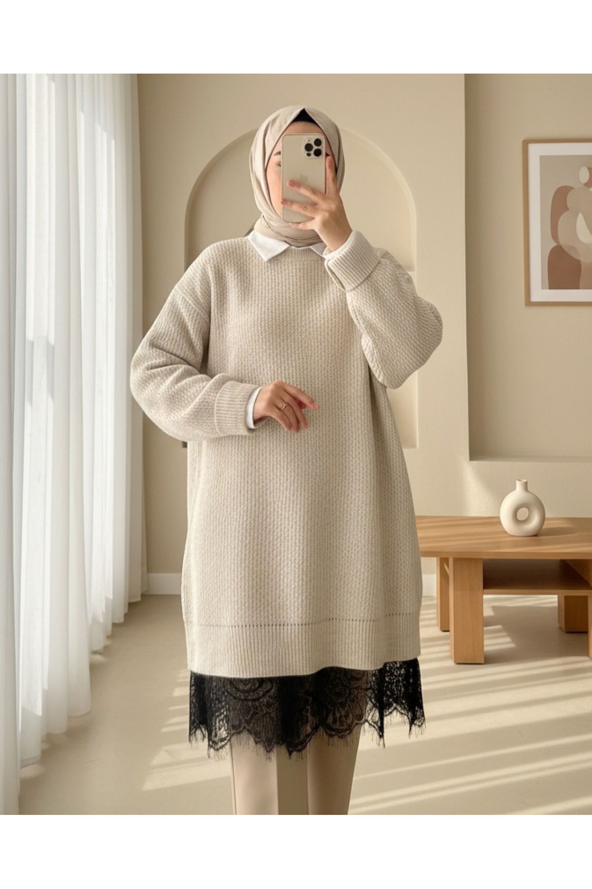 Knitted Sweater with Lace Detail on the Skirt -Cream color