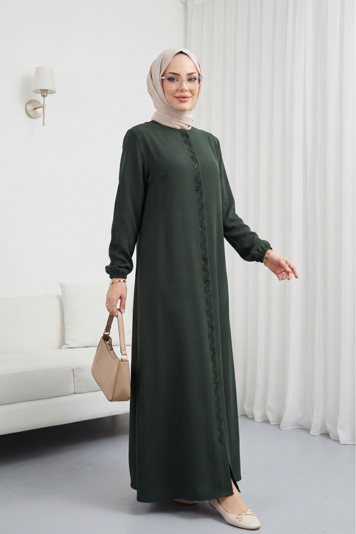 Zigzag Stone Embellished Abaya Khaki HM2848