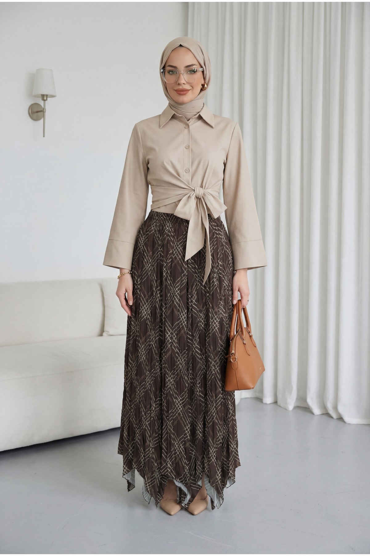 Elasticated Waist Patterned Asymmetrical Cut Crash Skirt -Brown