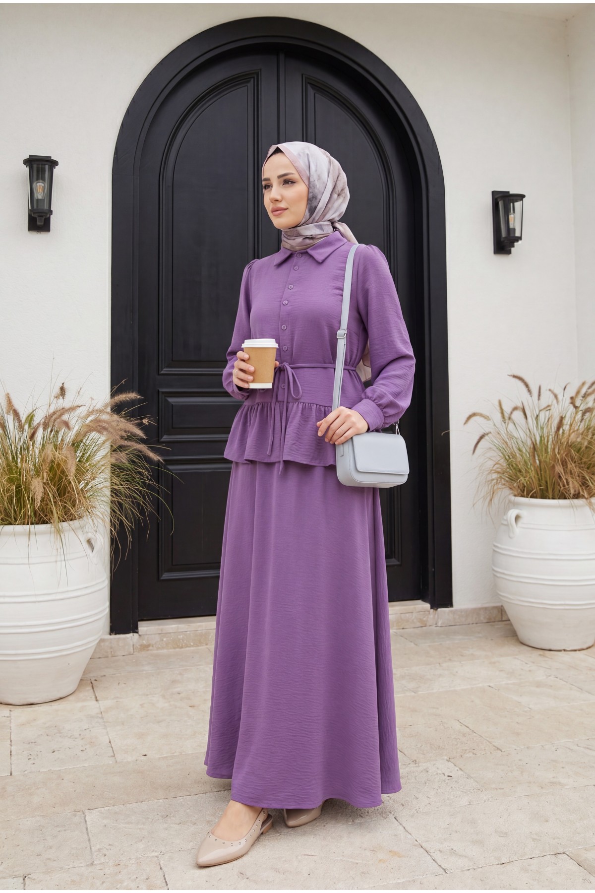 Pieced Pleated Blouse Skirt Set - Purple