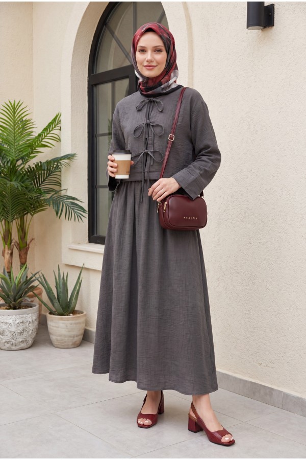 Linen Suit with Elastic Waist and Lace -Anthracite