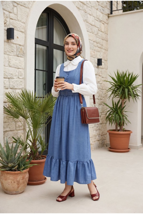 Top Düğmeli Altı Fırfırlı Beli Kemerli  Jile Elbise   -İndigo