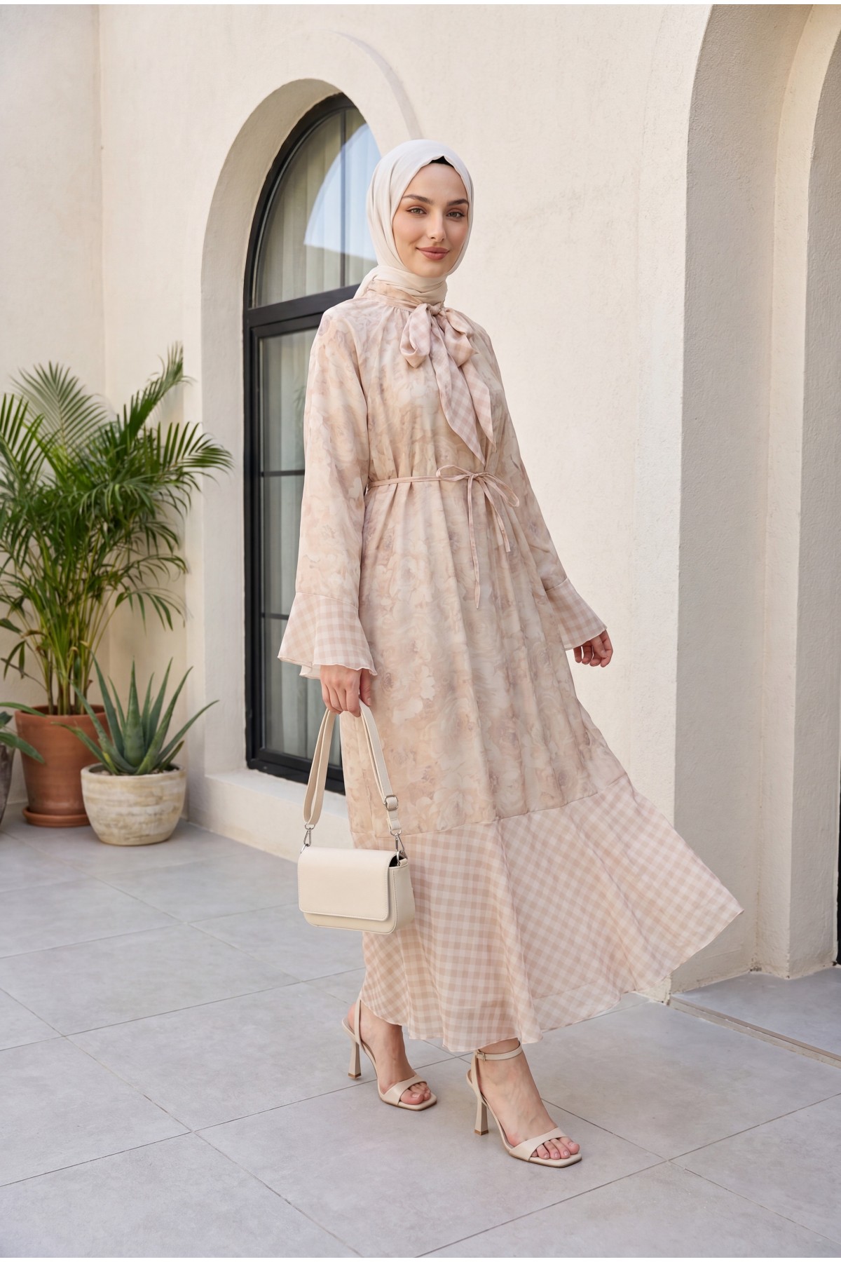 Patterned lined chiffon dress with tie-neck and waist -Light Mink