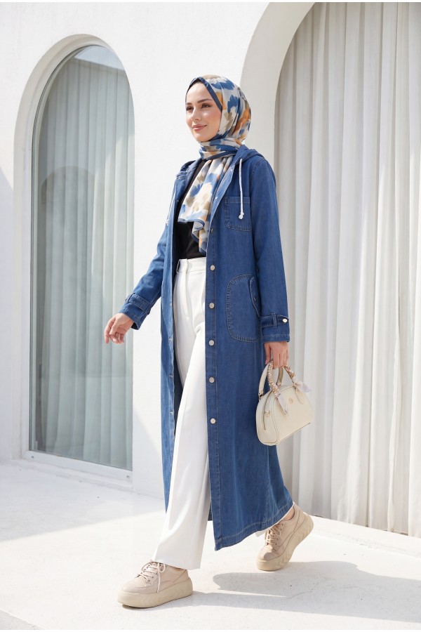   Fold Pocket Denim Cape  -اللون النيلي