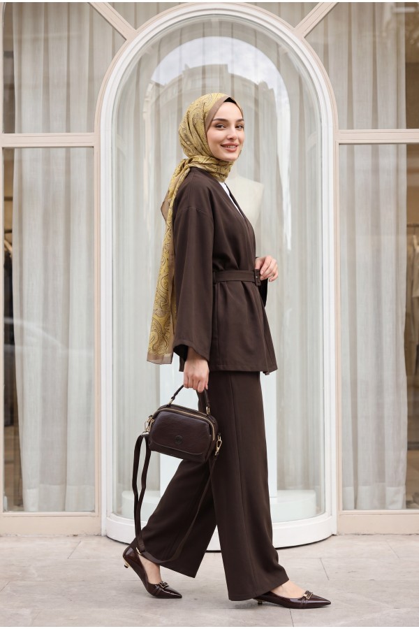 Kemerli Pantolonlu Kimono Takım   -Kahve