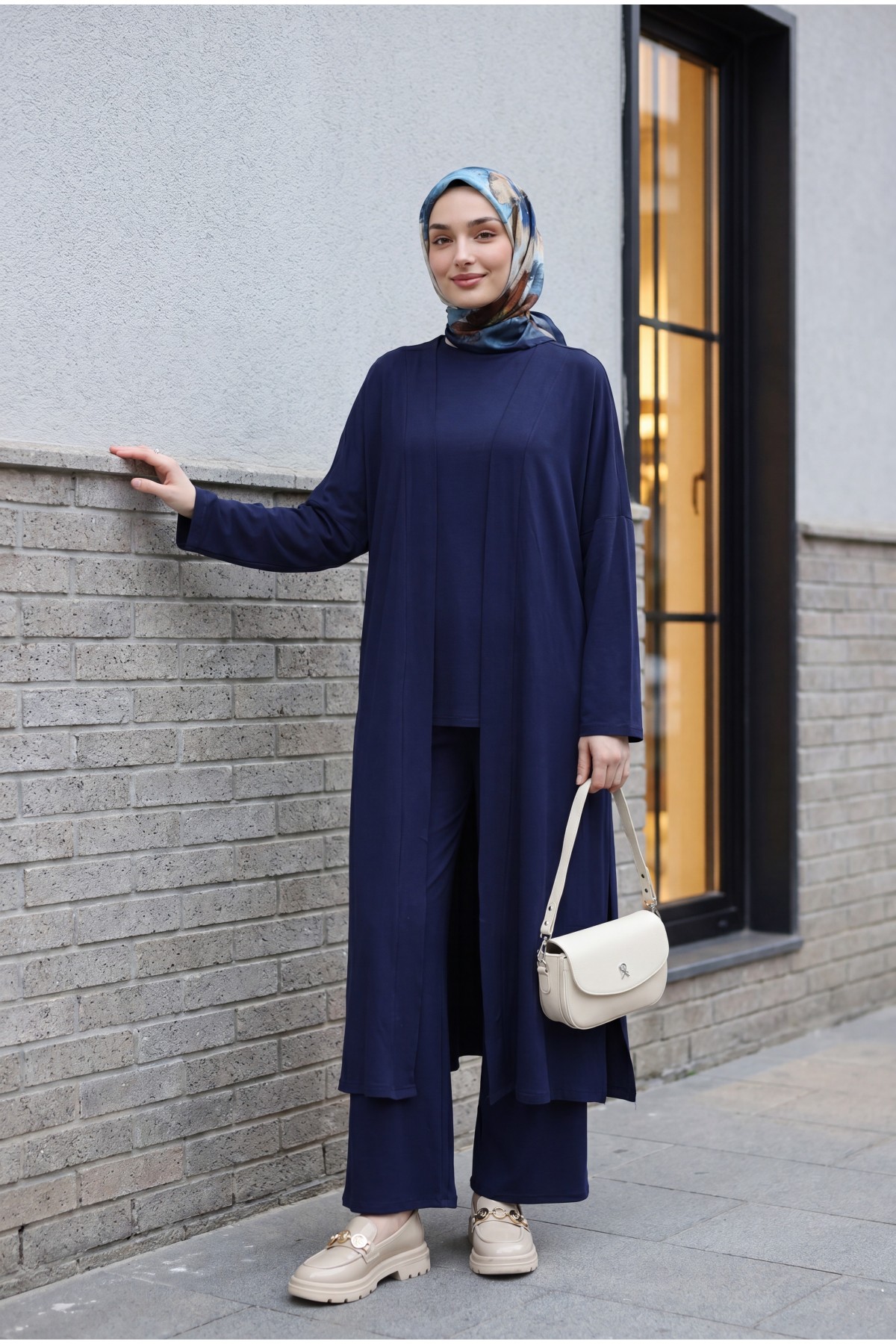 Pantolonu Cepli Likralı Oversize Üçlü Sendy Takım  -Lacivert