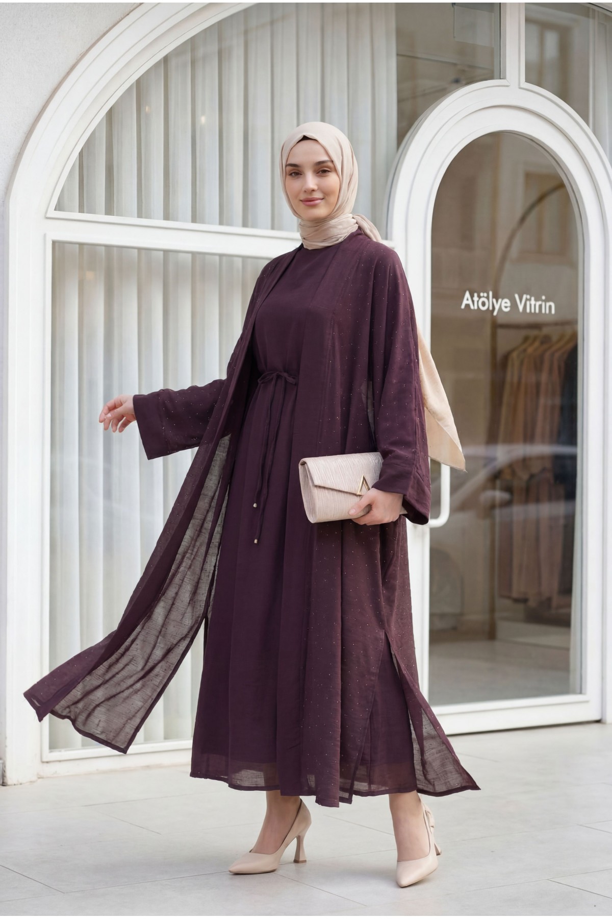 Belted, Inner Layered, Stone-Detailed, Lined Flame Tulle Abaya Set -Damson