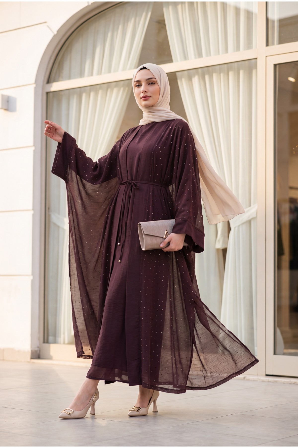 Belted, Inner Layered, Stone-Detailed, Lined Flame Tulle Abaya Set -Damson