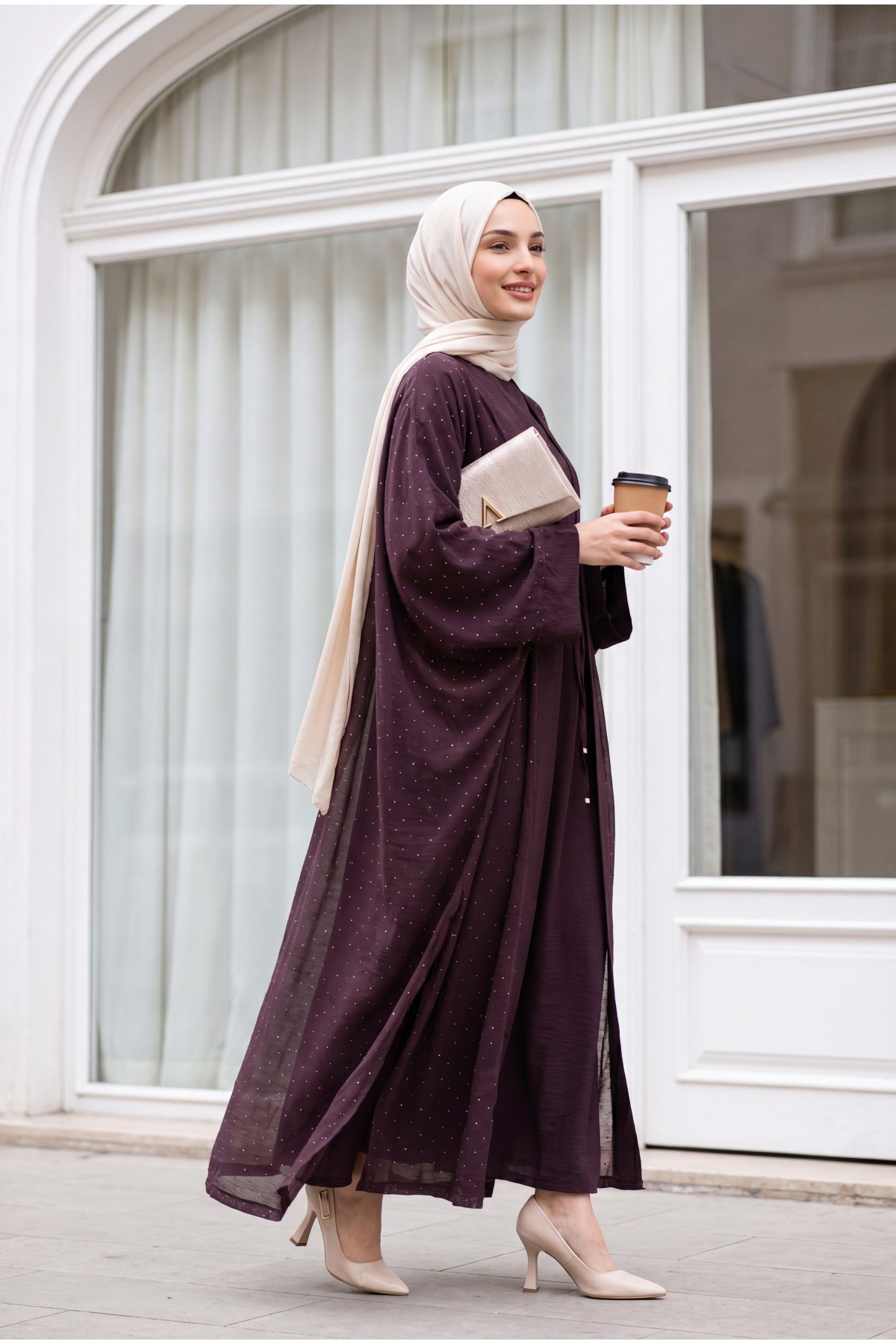 Belted, Inner Layered, Stone-Detailed, Lined Flame Tulle Abaya Set -Damson