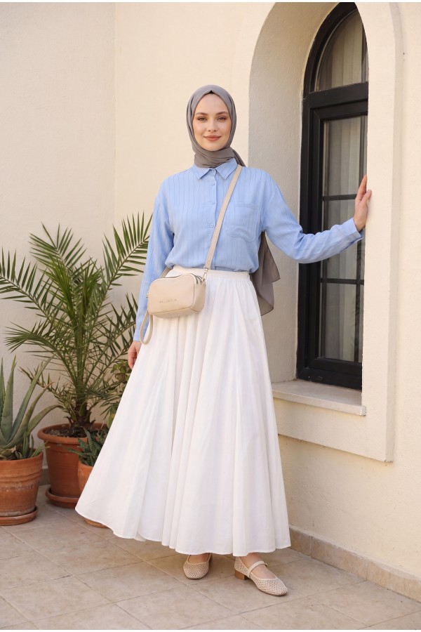 Long Back Linen Shirt with Foldable Sleeves and Single Pocket -Baby Blue