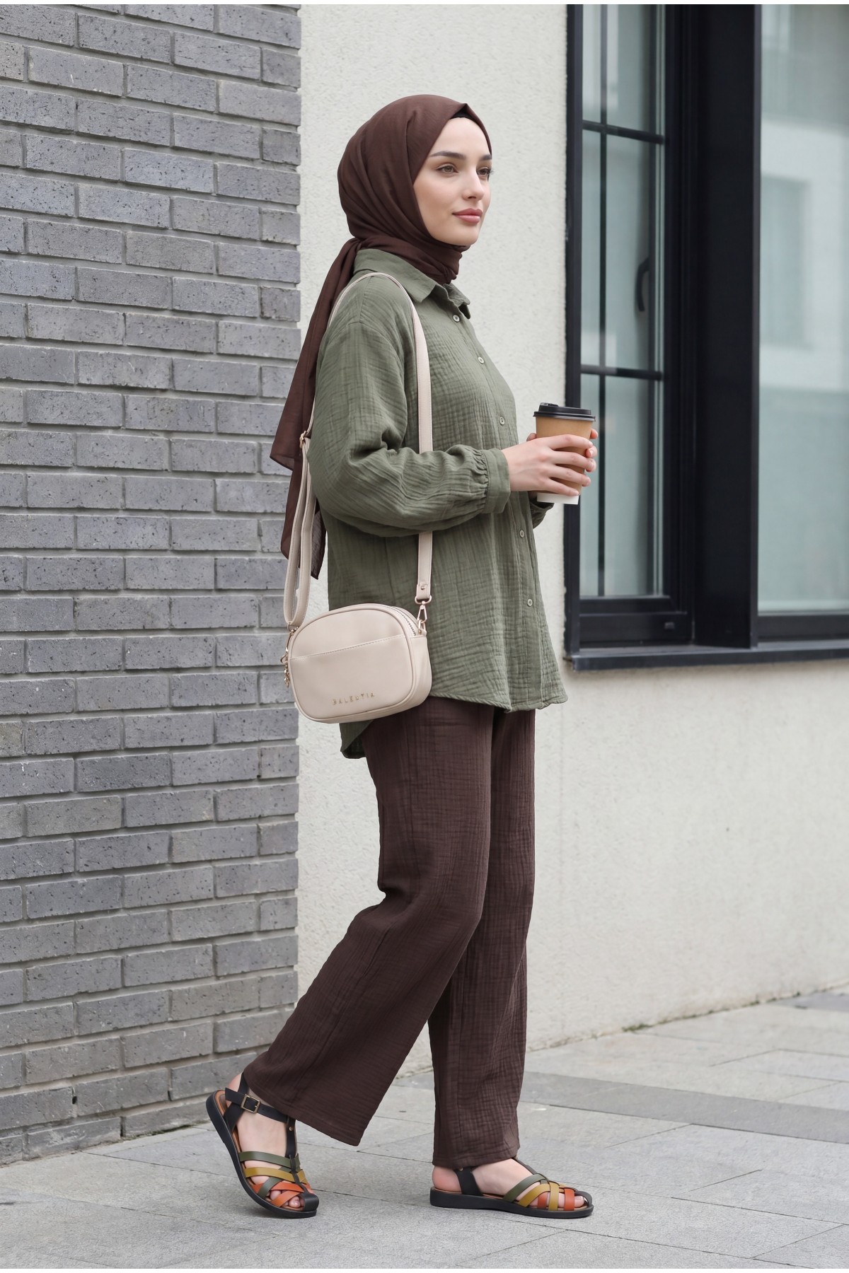 Muslin Pants with Drawstring Detail, Pockets, and Elastic Waist -Dark Coffee