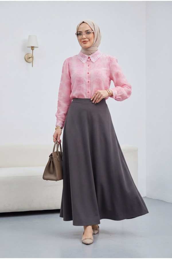Button-down, lace-trimmed, patterned Jacquard Shirt -Pink