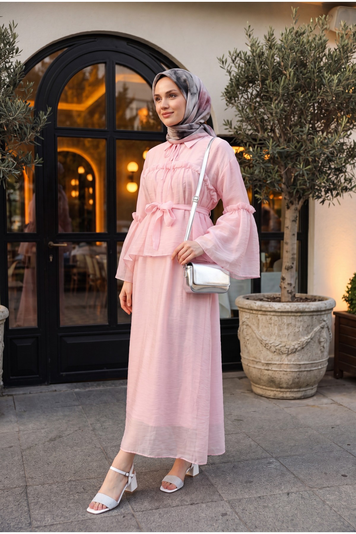 Belted Tulle Voile Dress with Tie Neck and Ruffle Detail -Powder