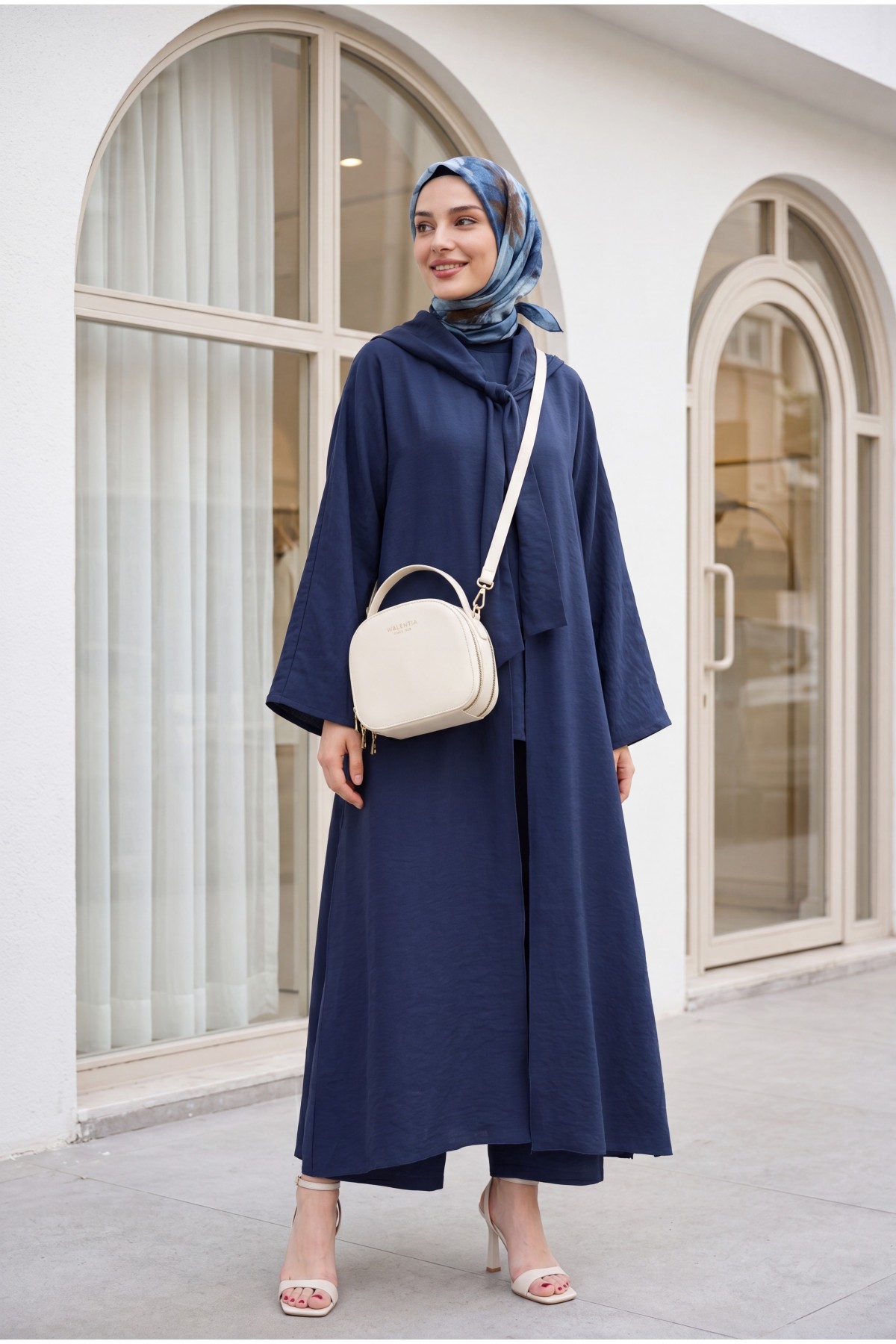 Modal Suit with Scarf Detail and Deep Slit Pants, with Pockets -Navy blue