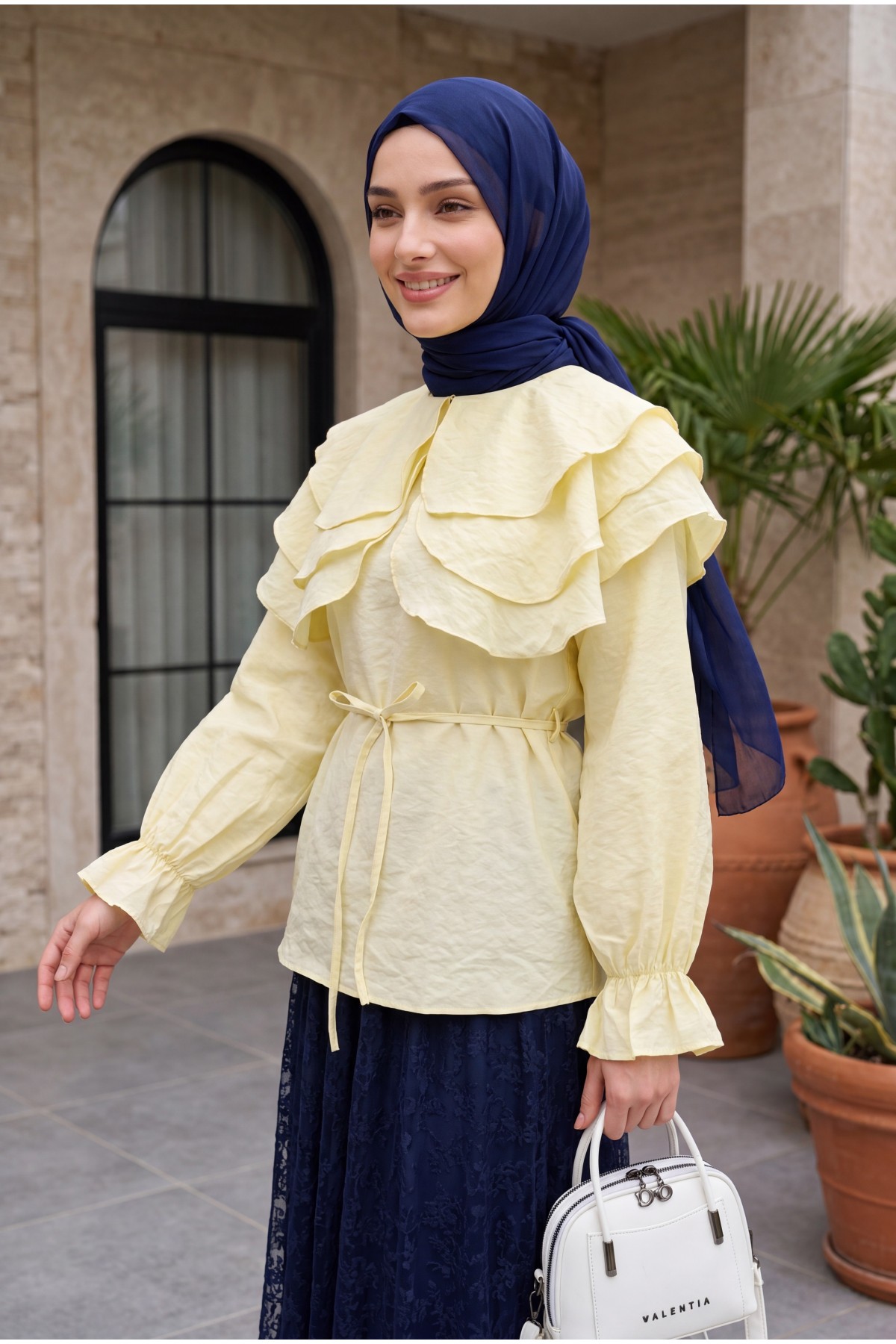 Layered Baby Collar Modal Blouse with Elasticated Cuffs -Yellow
