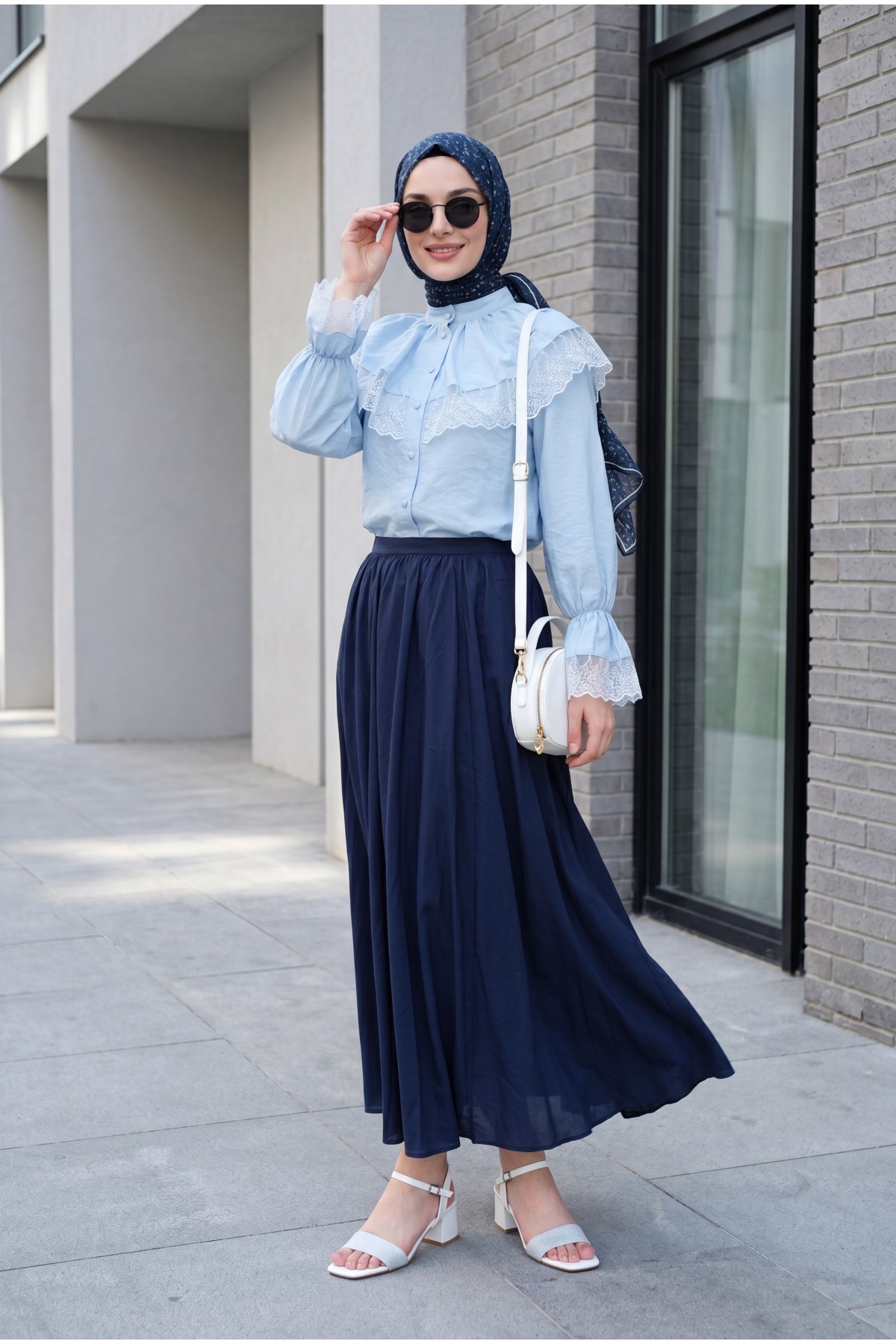 Mandarin Collar, Elasticated Sleeves, Lace Detail, Buttoned Modal Blouse -Baby Blue