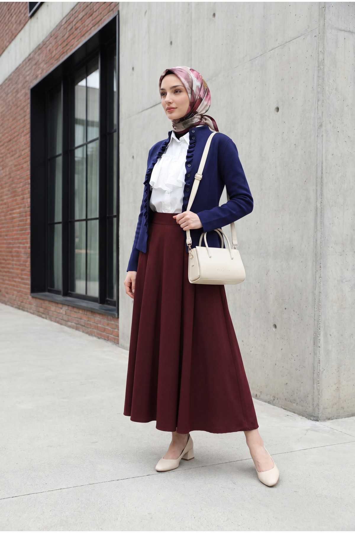 Buttoned, High-Neck Knit Cardigan with Ruffled Front -Navy blue