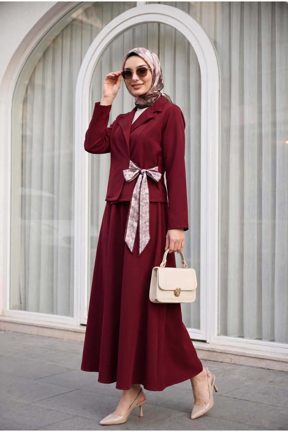 Shirt Collar Side Tie Skirt Double Set -Maroon
