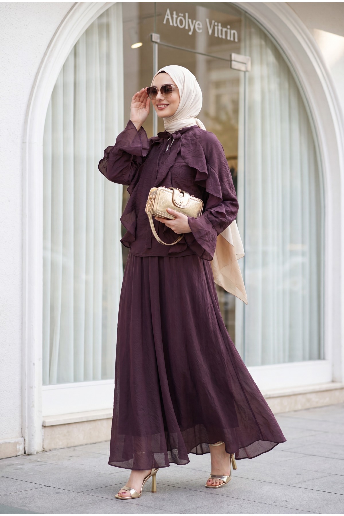 Lace-up Neckline, Ruffled Front, Lined Tulle Modal Set -Damson