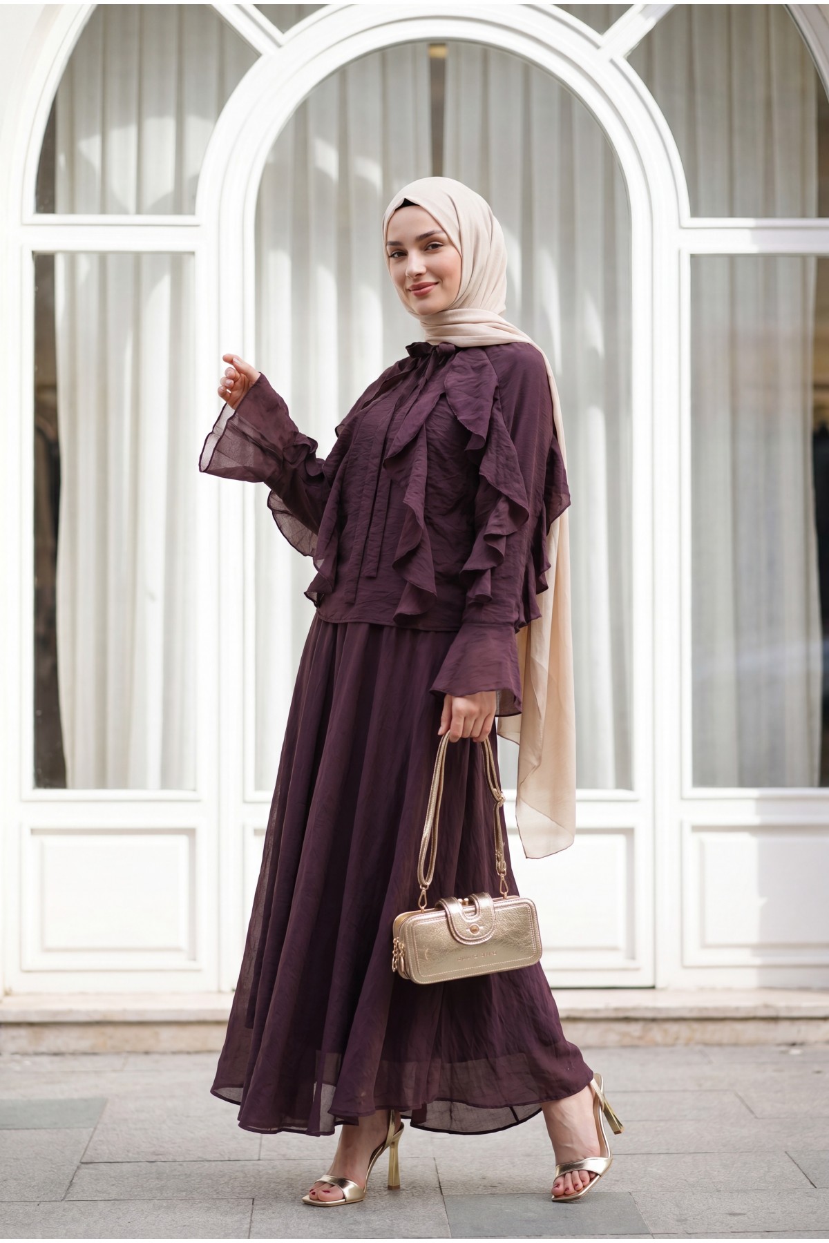 Lace-up Neckline, Ruffled Front, Lined Tulle Modal Set -Damson