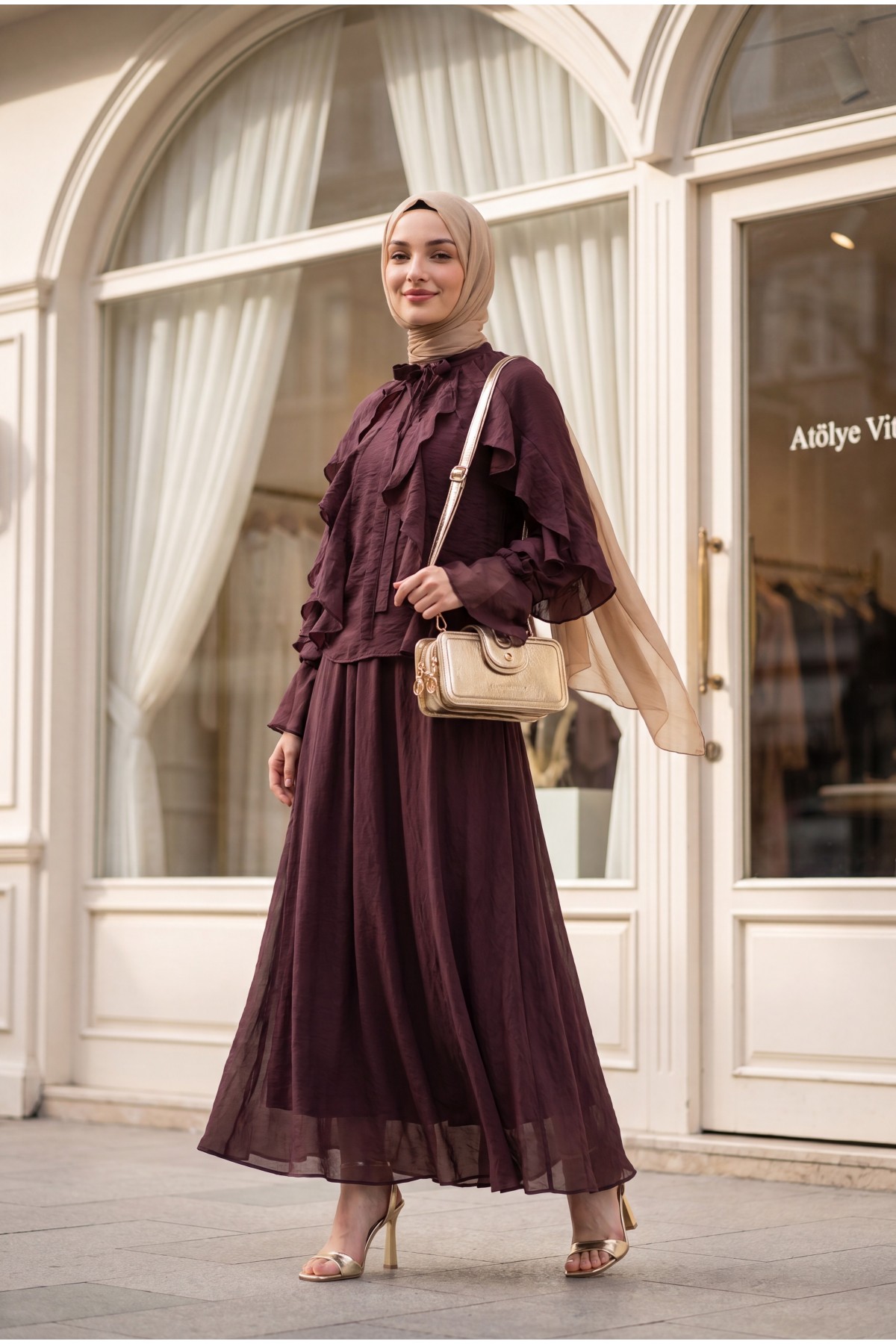 Lace-up Neckline, Ruffled Front, Lined Tulle Modal Set -Damson