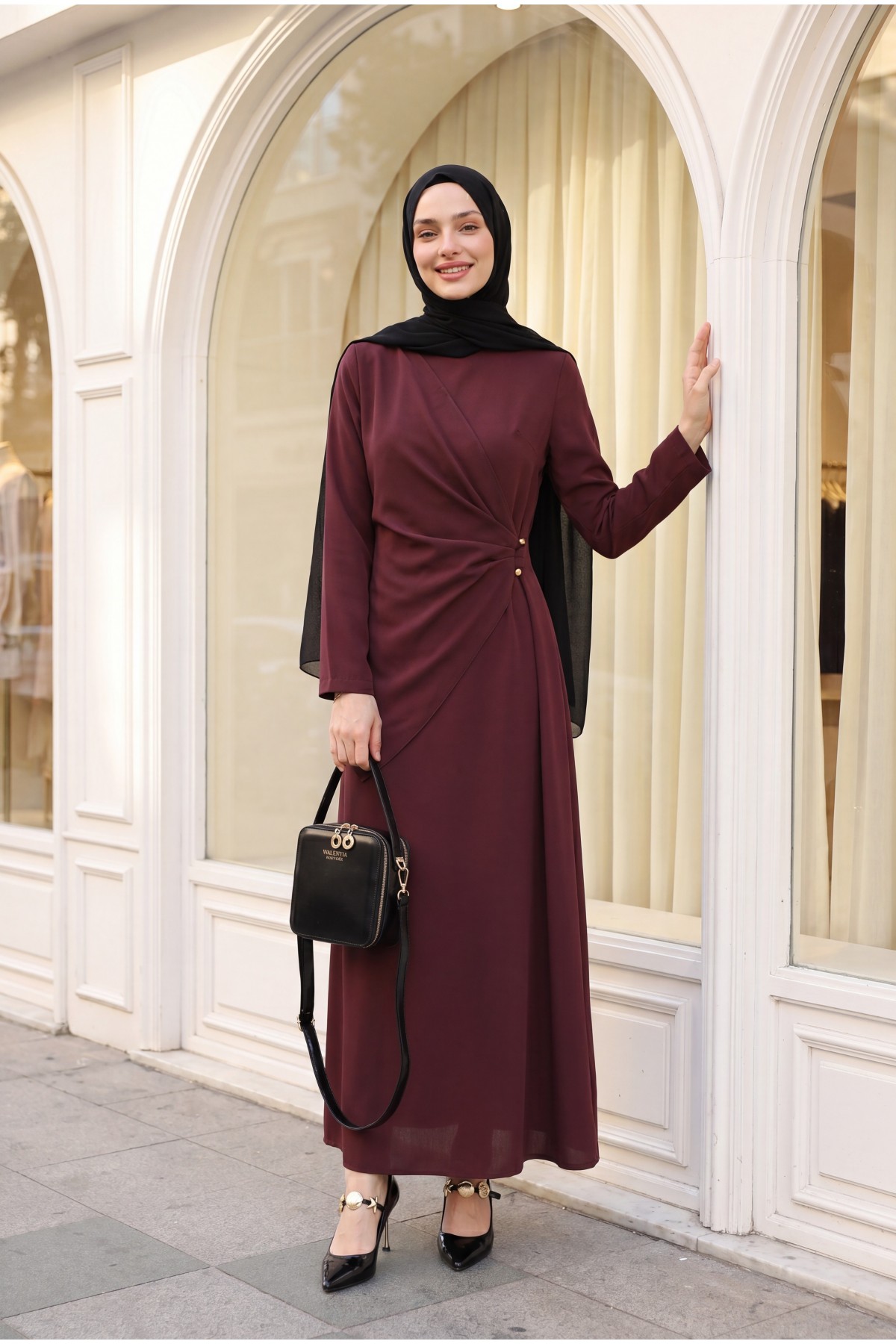 Cross Buckle Round Neck Imported Crepe Dress  -Damson