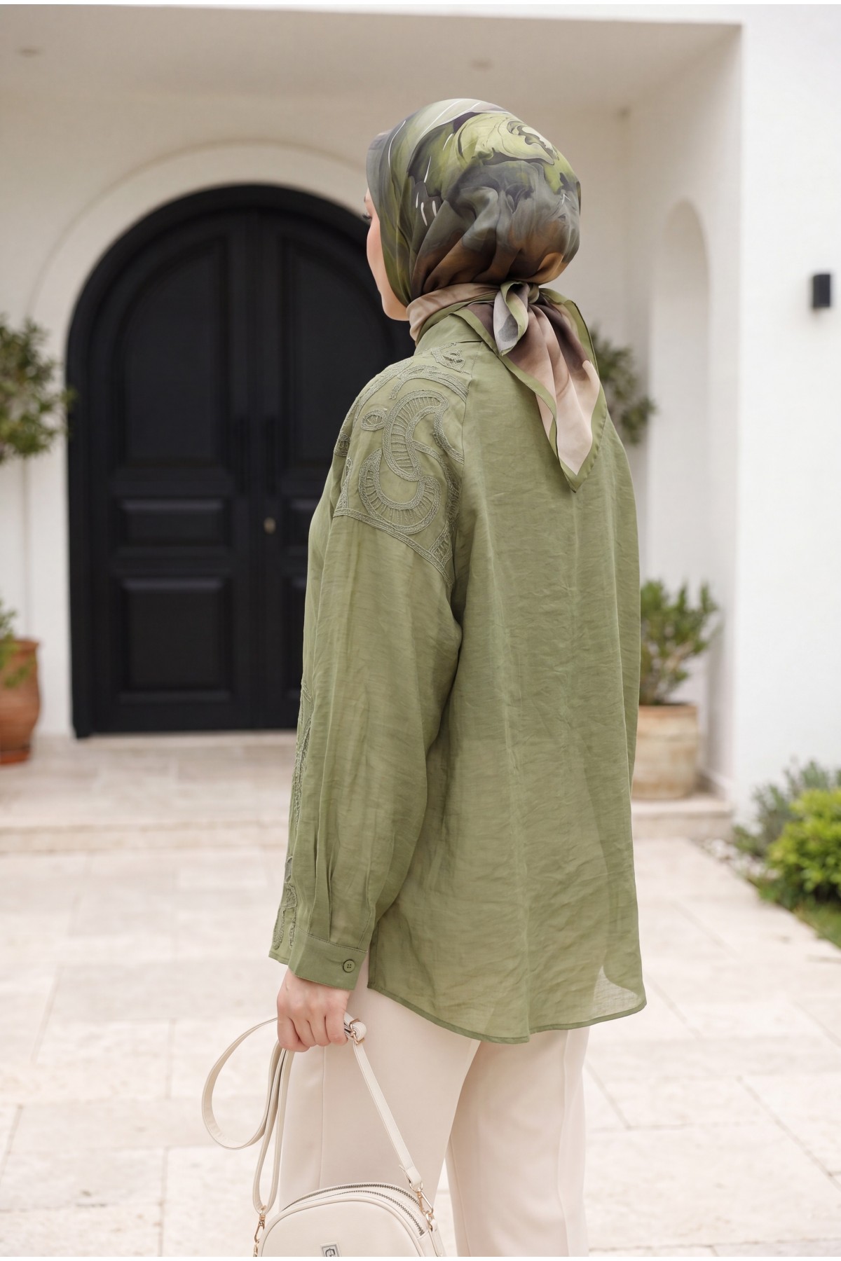 Asymmetrical Embroidered Buttoned Tulle Voile Tunic -Khaki