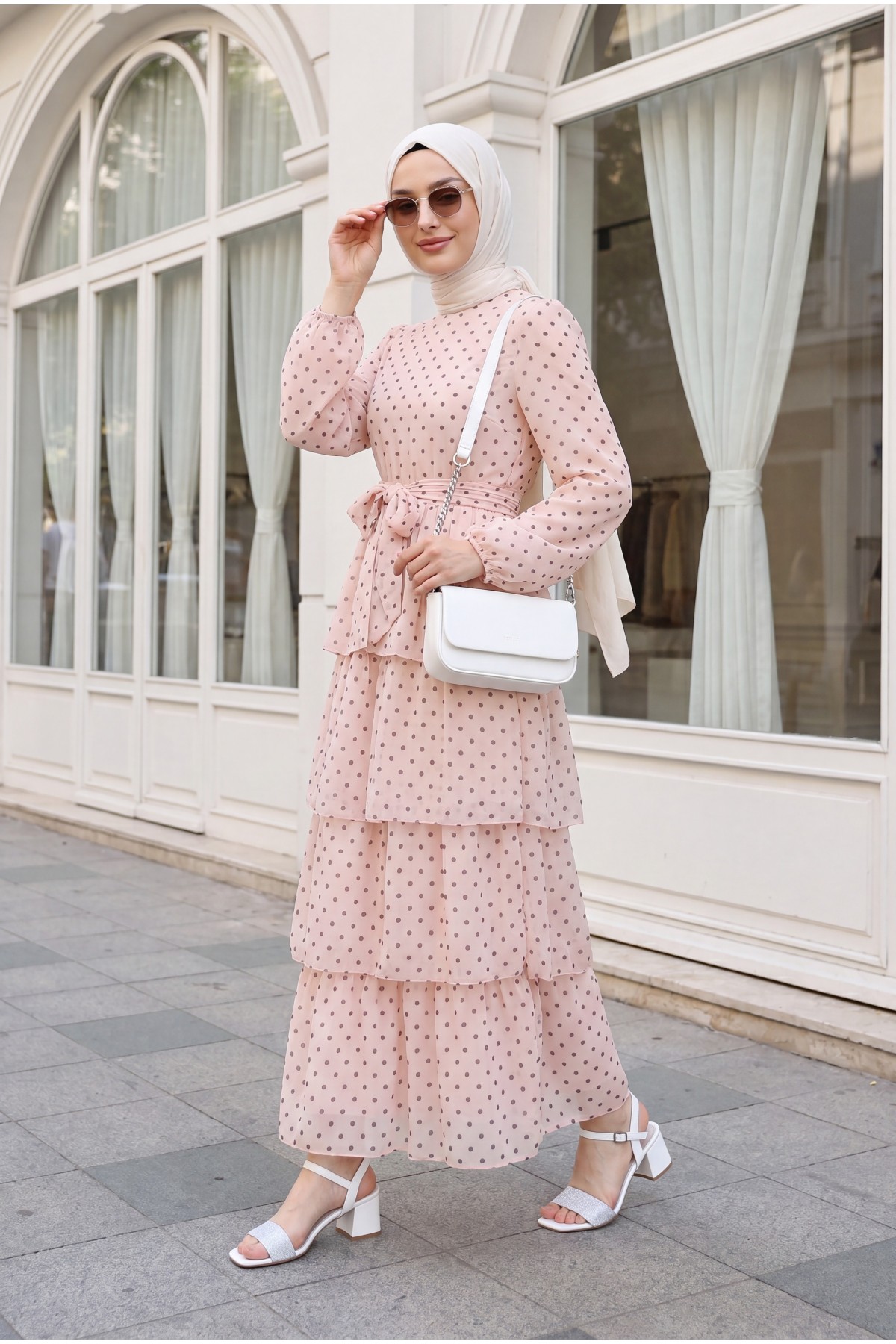 Layered Polka Dot Chiffon Dress with Cross -Powder