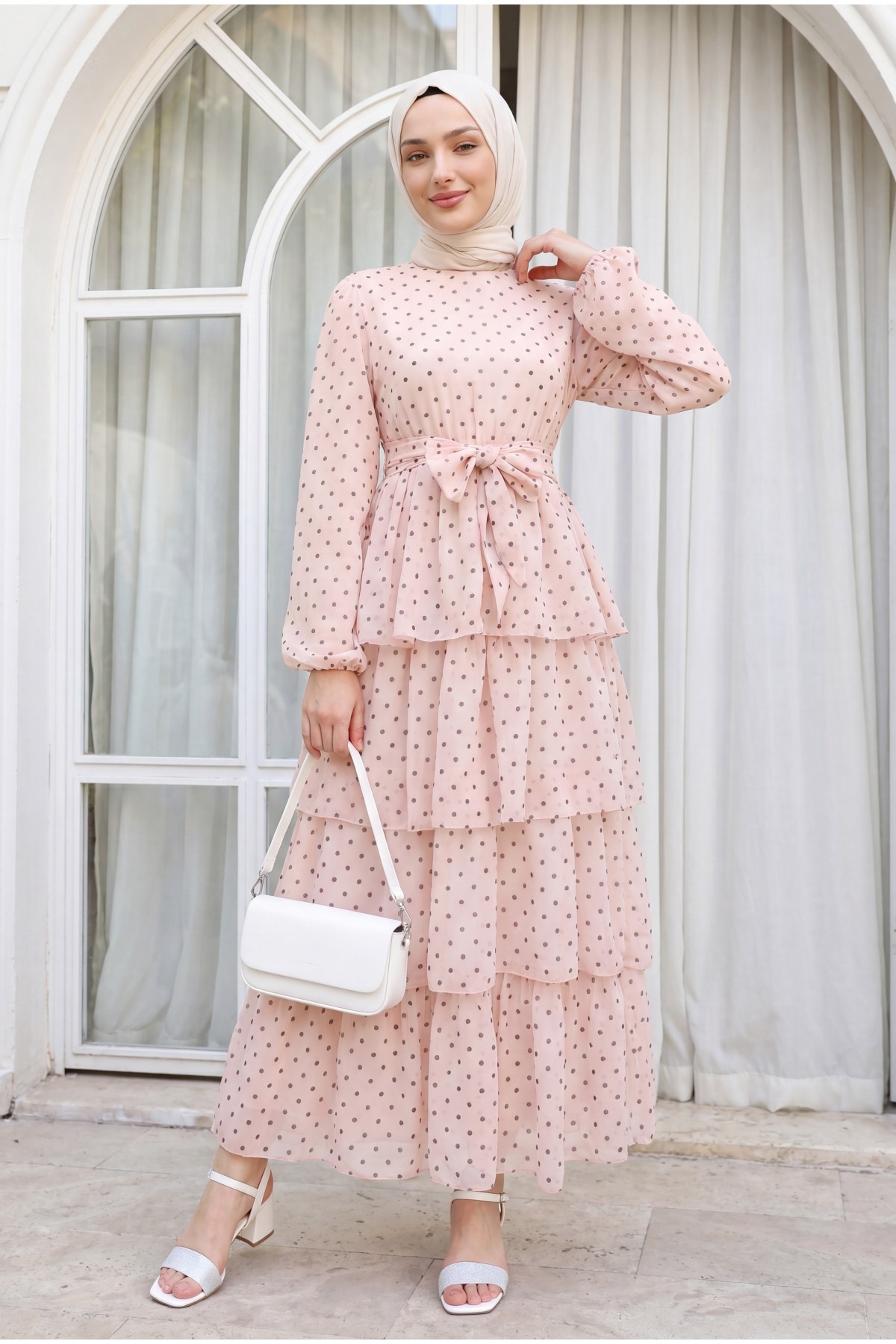 Layered Polka Dot Chiffon Dress with Cross -Powder