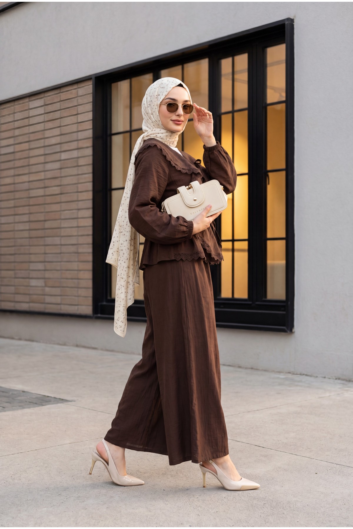 Strawberry Set with Lace Detail and Front Tie-Up Pants -Dark Coffee