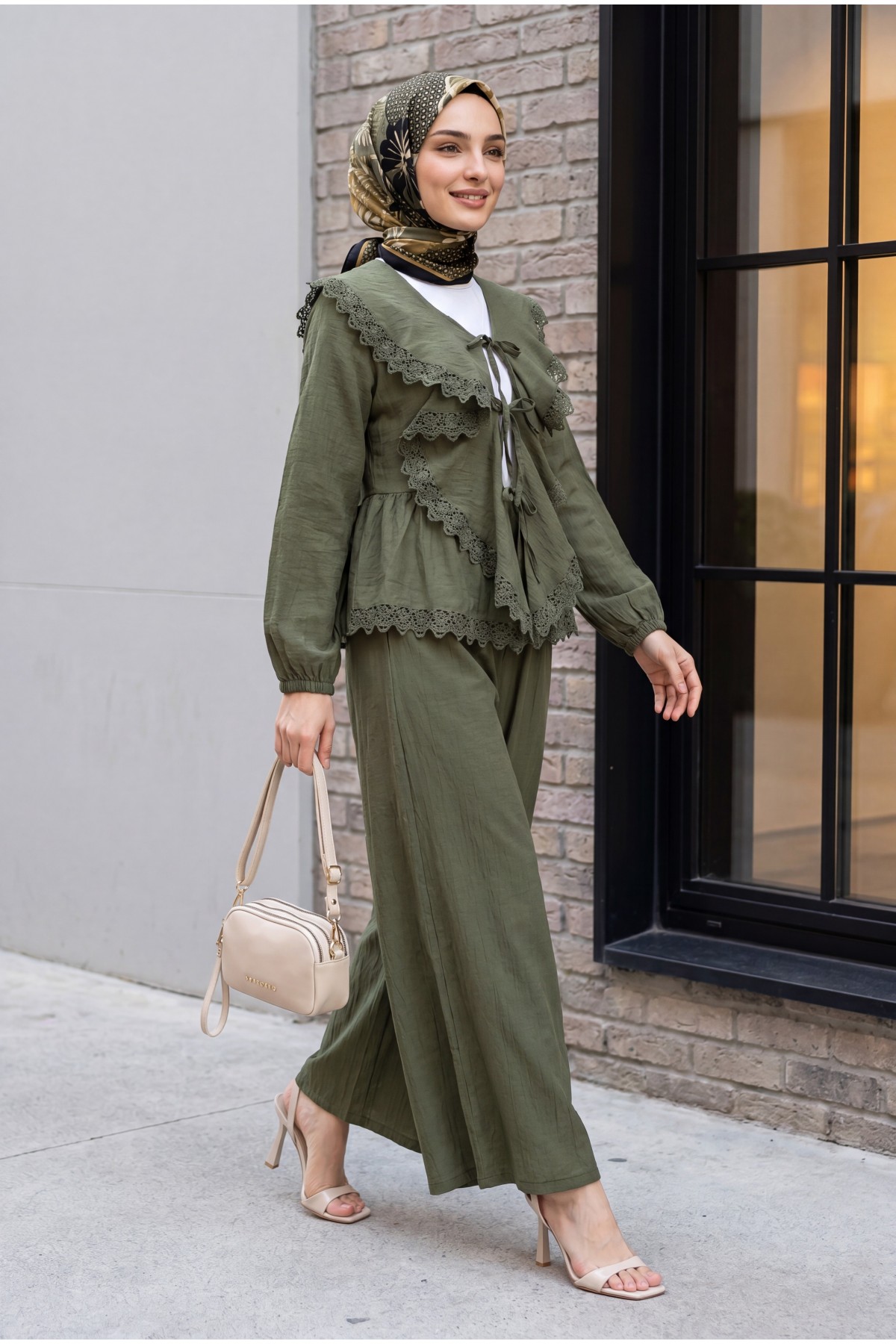 Strawberry Set with Lace Detail and Front Tie-Up Pants -Khaki