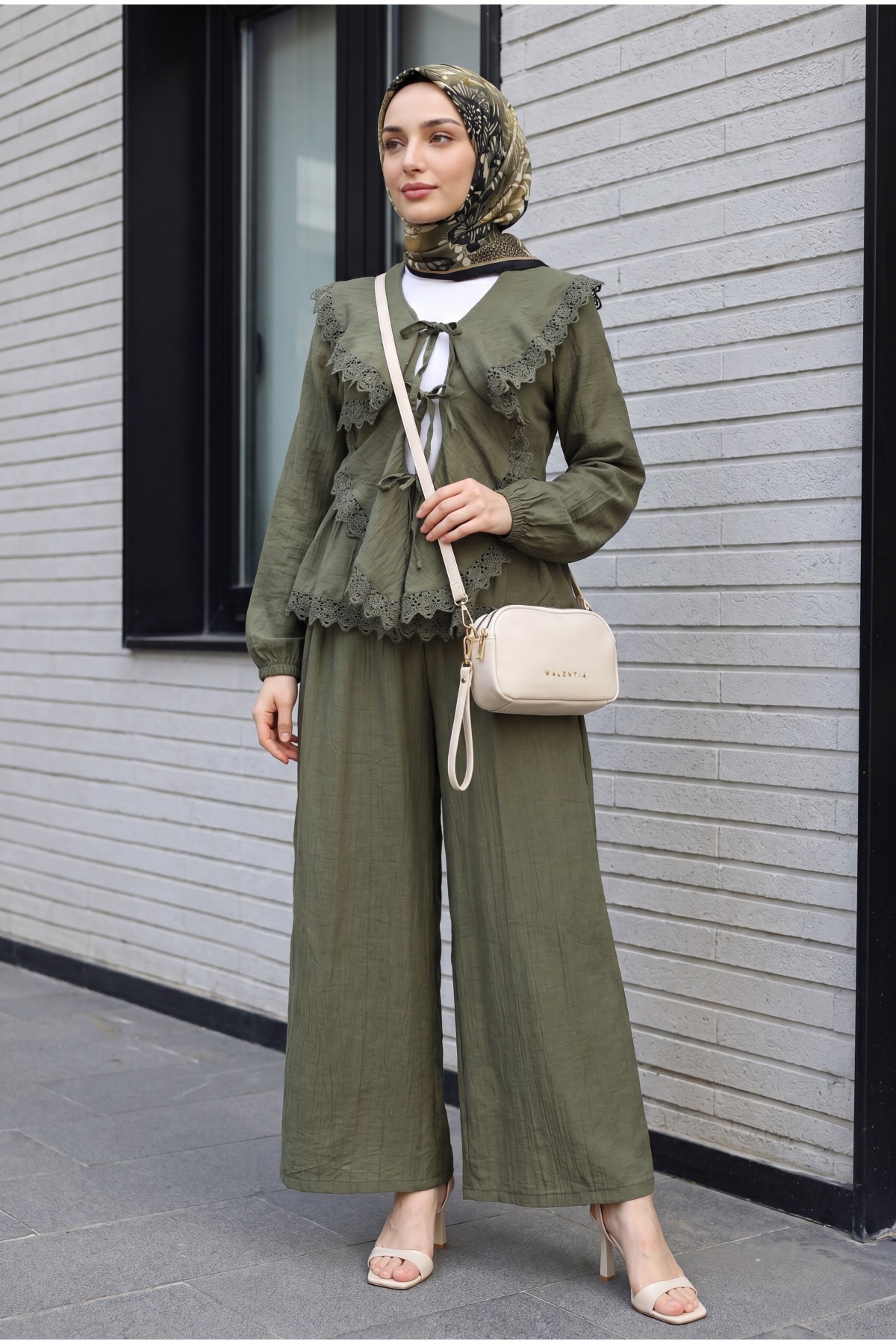 Strawberry Set with Lace Detail and Front Tie-Up Pants -Khaki