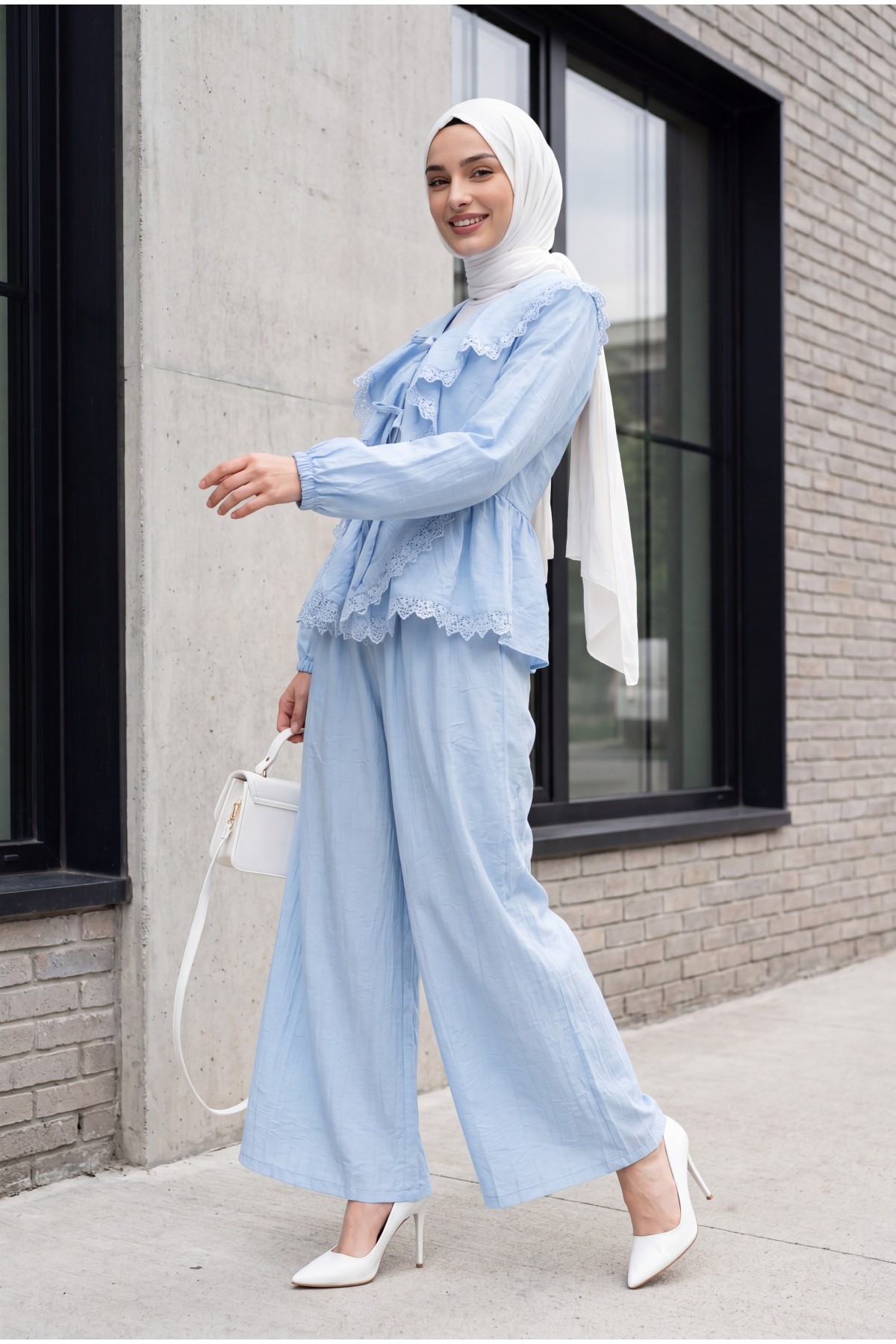 Strawberry Set with Lace Detail and Front Tie-Up Pants -Baby Blue