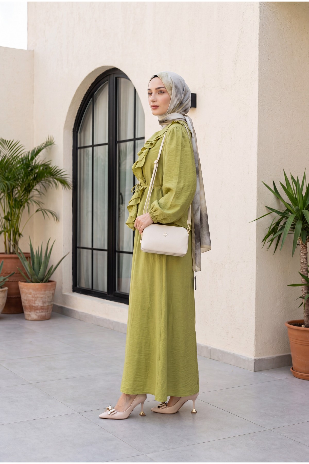 Strawberry Style Skirt Set with Ruffled Front, Elasticated Sleeves, and Belted Waist -Oil Green
