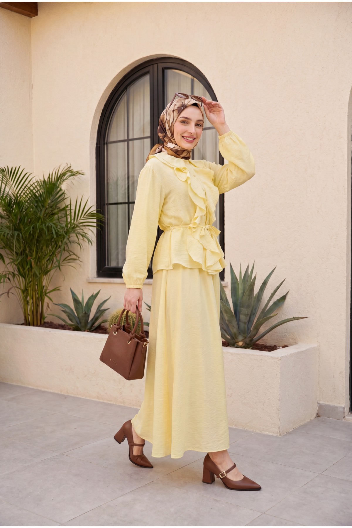 Strawberry Style Skirt Set with Ruffled Front, Elasticated Sleeves, and Belted Waist -Yellow