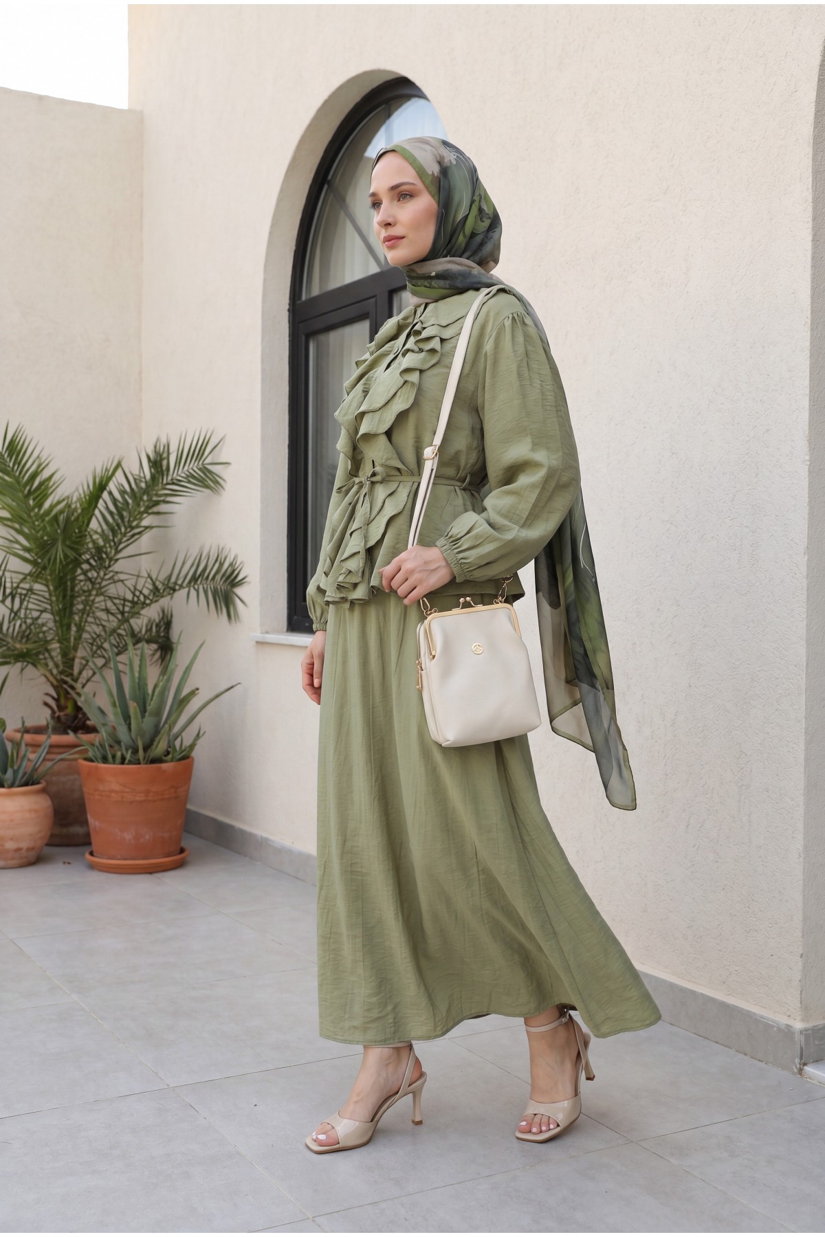 Strawberry Style Skirt Set with Ruffled Front, Elasticated Sleeves, and Belted Waist -Cagla Green