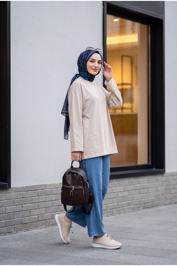 Bisiklet Yaka Uzun Kollu Oversize Penye Sweat -Taş rengi