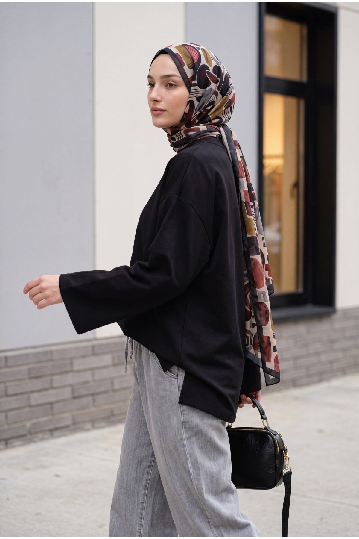 Bisiklet Yaka Uzun Kollu Oversize Penye Sweat -Siyah