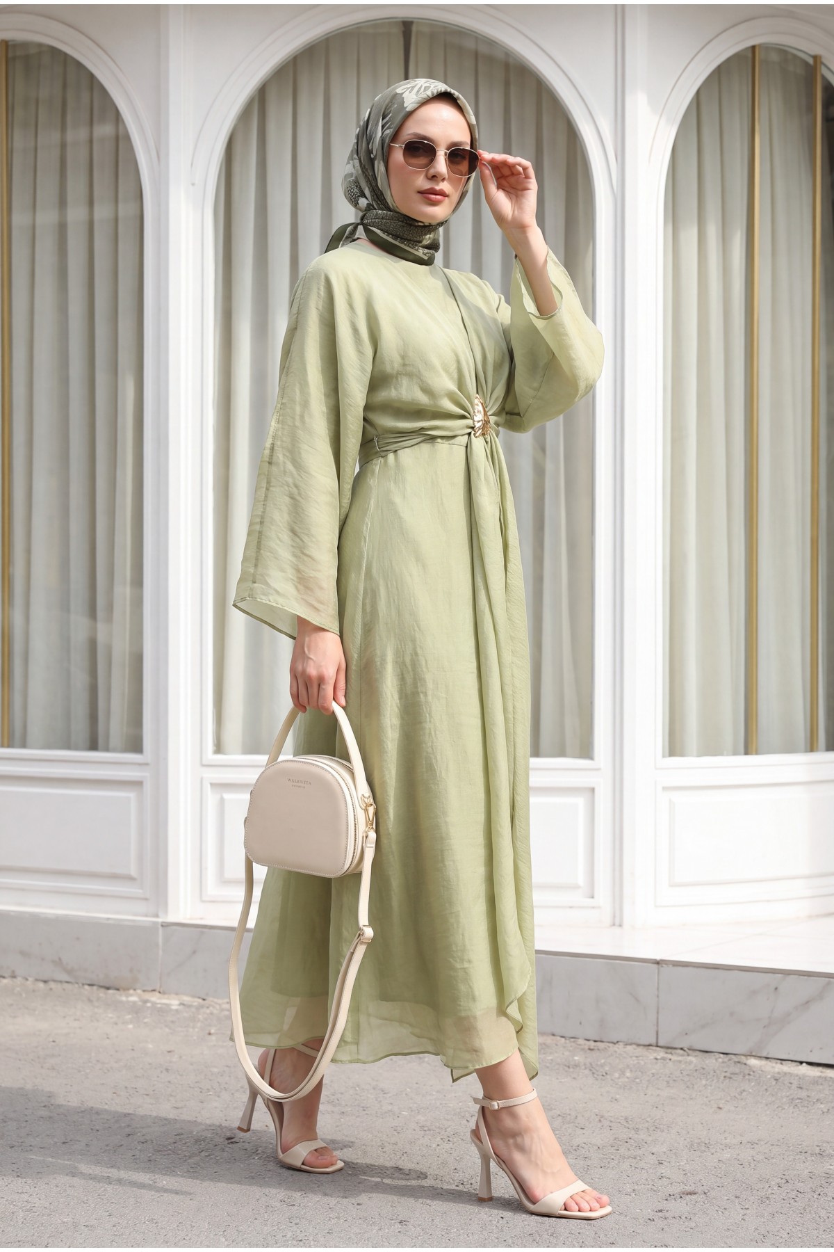 Long Tulle Modal Dress with Tie-Up Bolero and Lining -Cagla Green