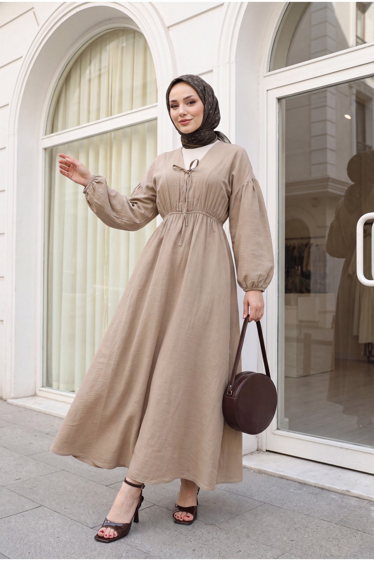 Muslin Dress with Elasticated Waist and Sleeves, Tied Collar     -Mink color