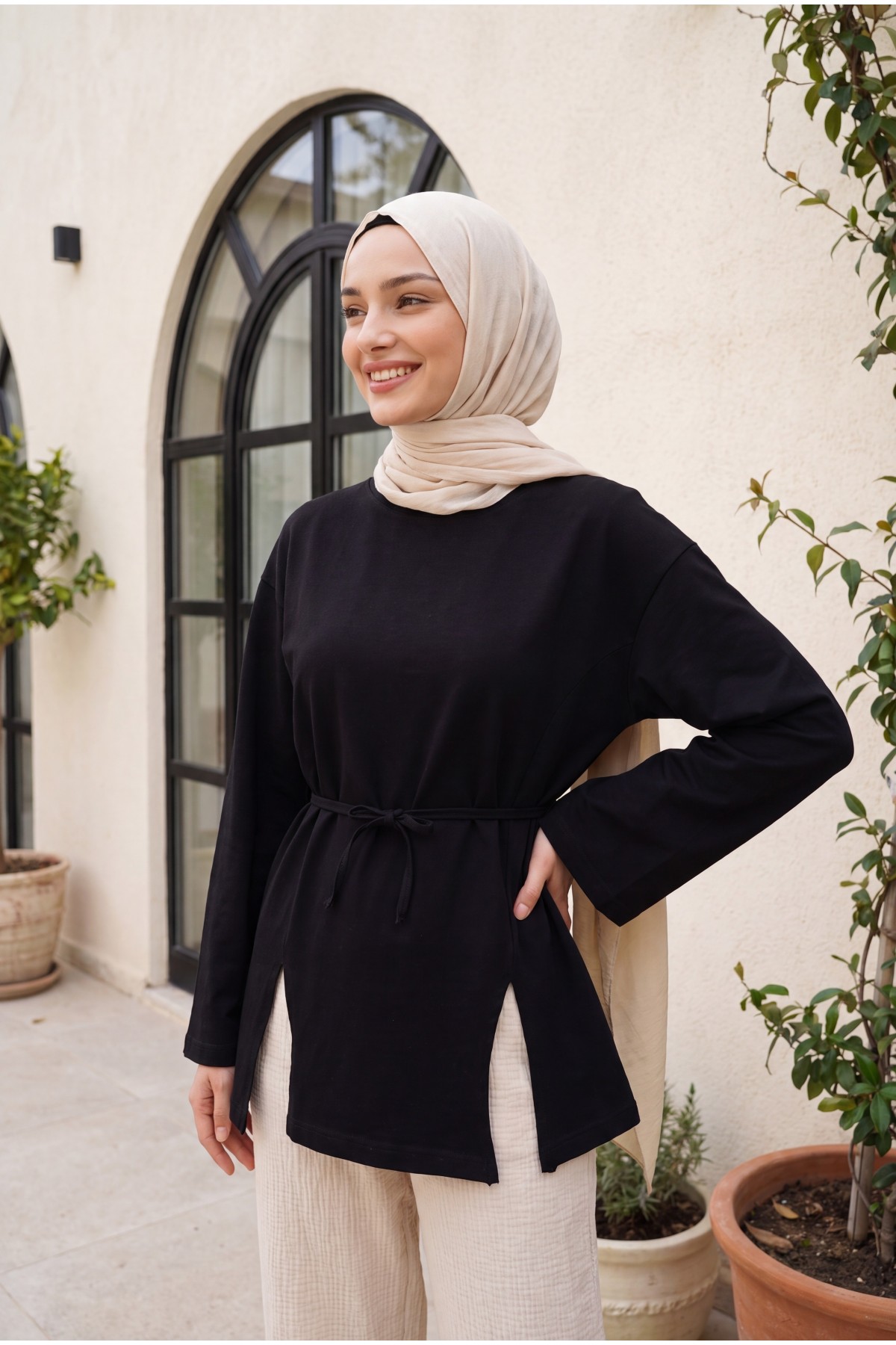 Jersey Tunic with Tie Waist and Slit -Black