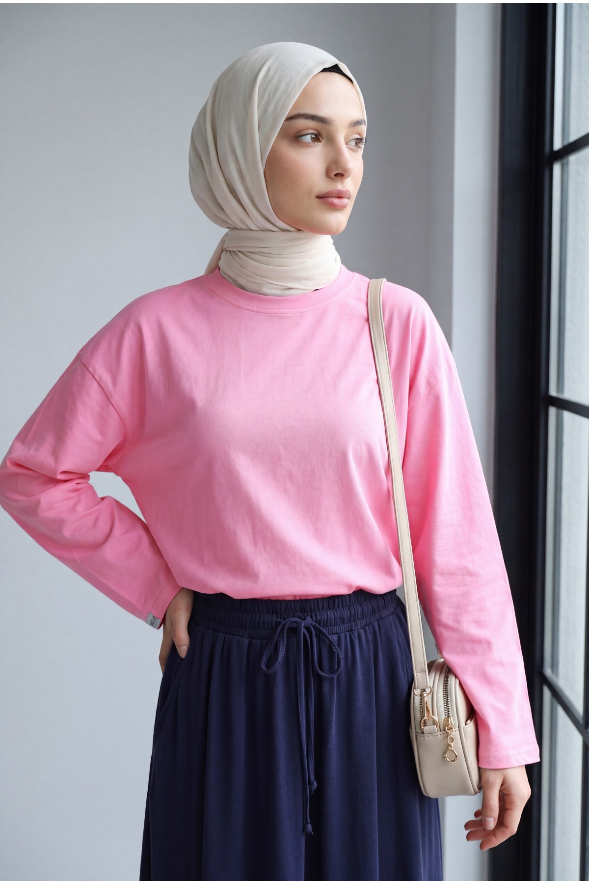 Crew Neck Long Sleeve Oversize Cotton Sweatshirt  -Pink