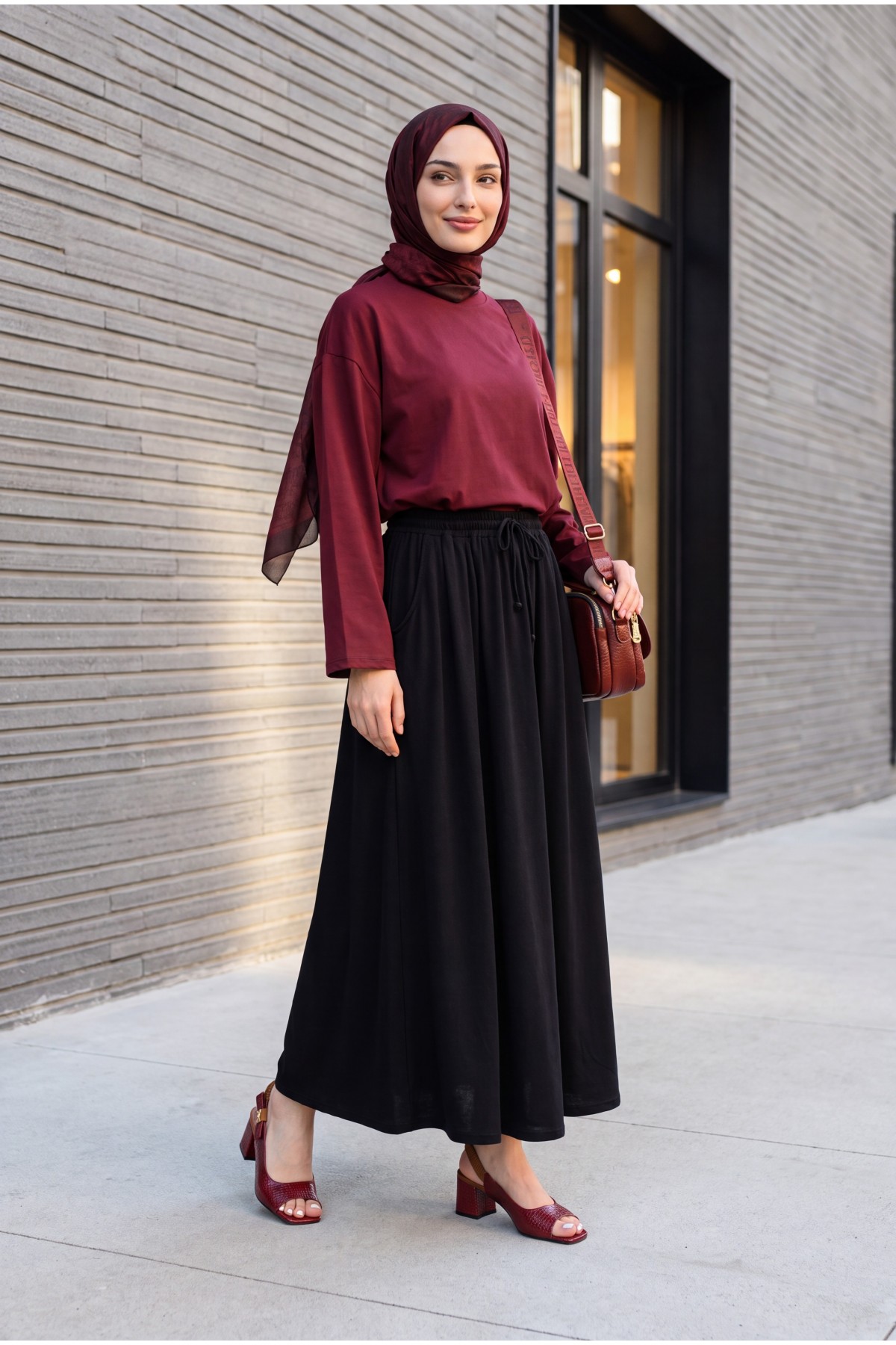 Crew Neck Long Sleeve Oversize Cotton Sweatshirt  -Maroon detay görseli