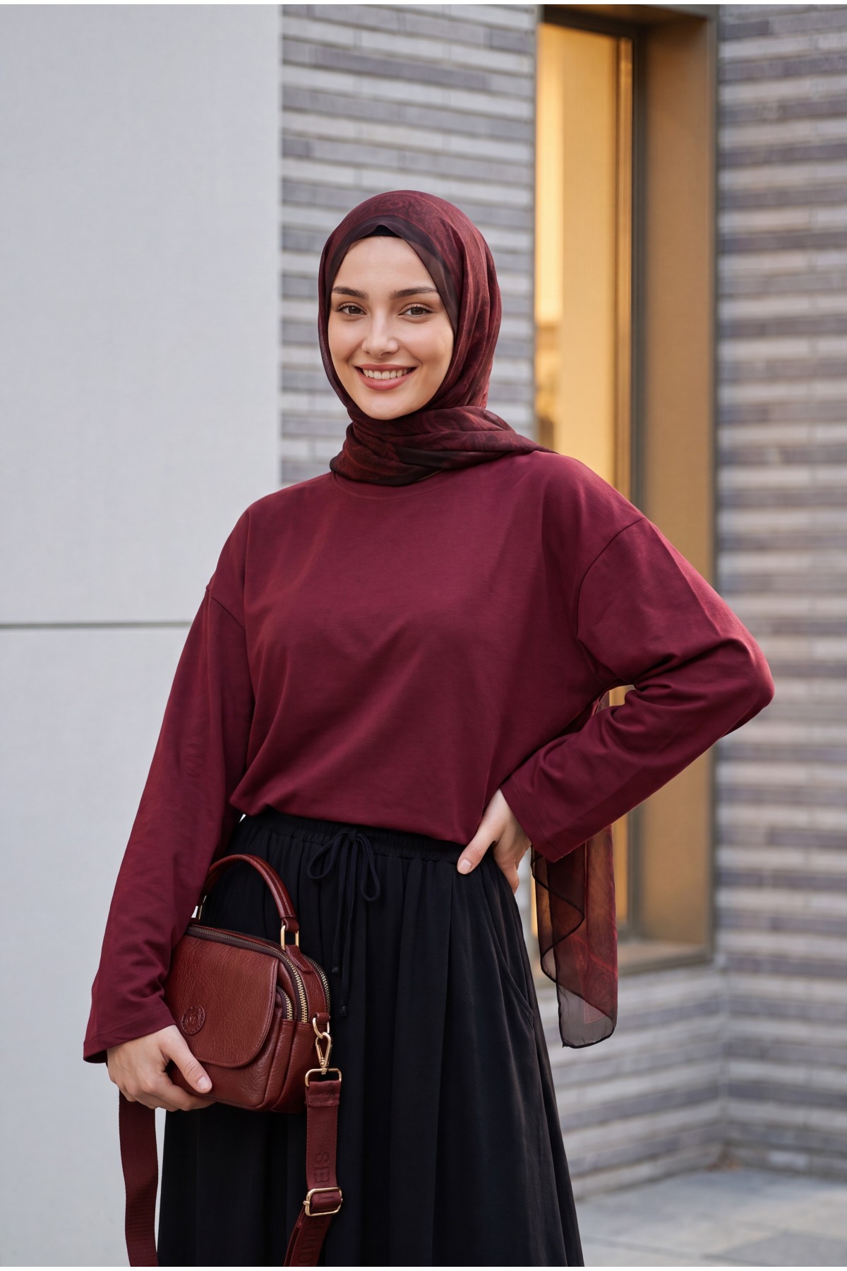 Crew Neck Long Sleeve Oversize Cotton Sweatshirt  -Maroon