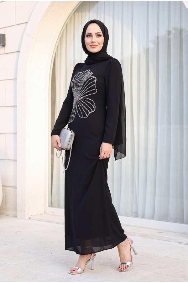 Yonca Taş Desenli Dik Yaka Krep Abiye -Siyah